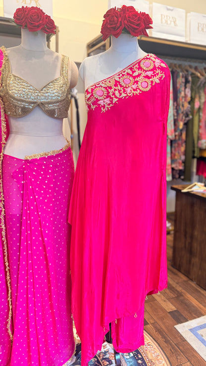 One-Shoulder Embroidered Draped Set | Blush Pink Sunset & Fuchsia Luxe Edit