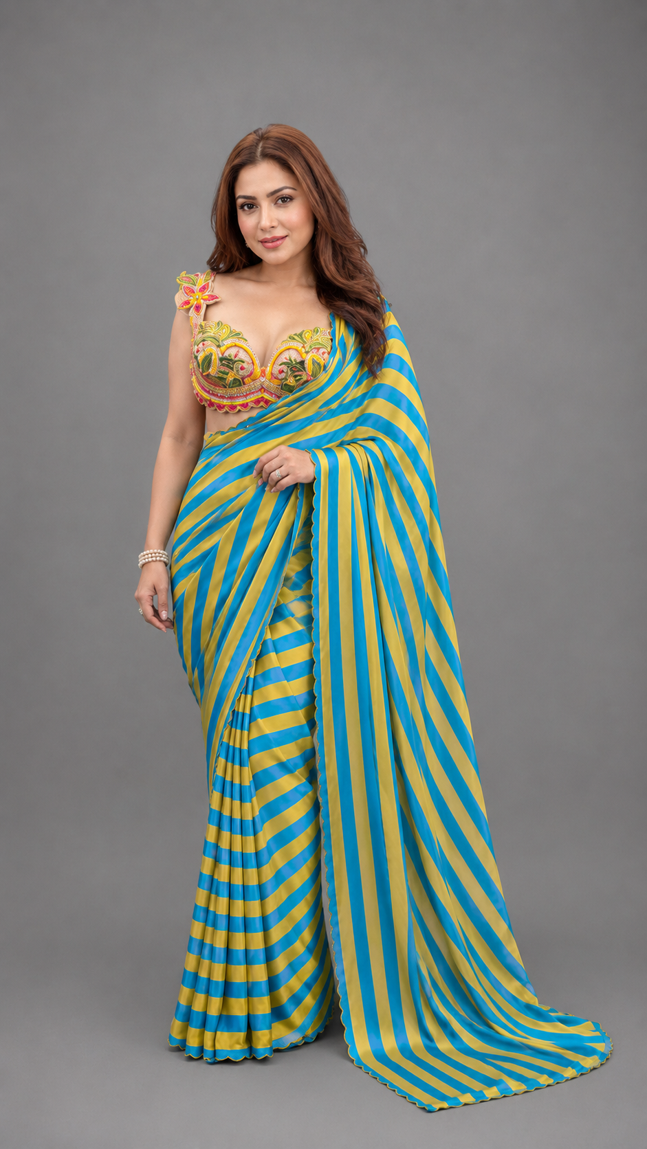 Blue & Yellow Striped Pure Crepe Saree