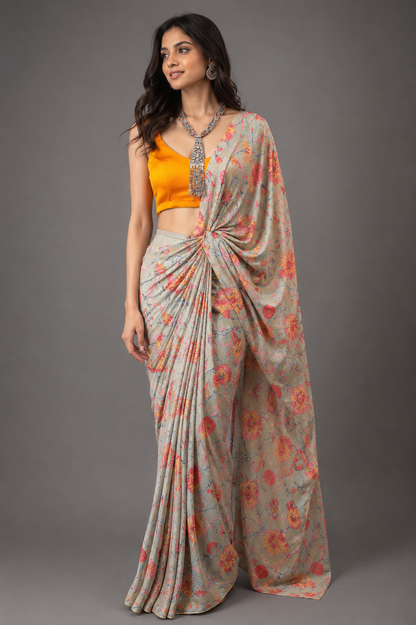 Floral Draped Saree with Orange Satin Blouse