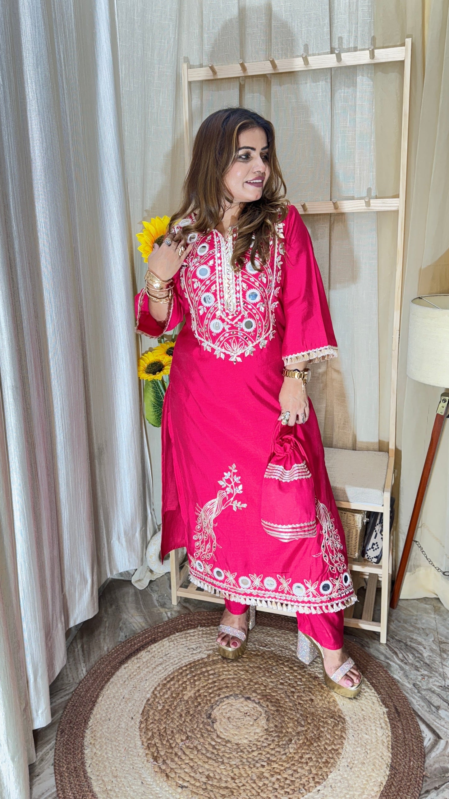 Hot Pink Mirror Embroidered Kurta Set with Potli Bag