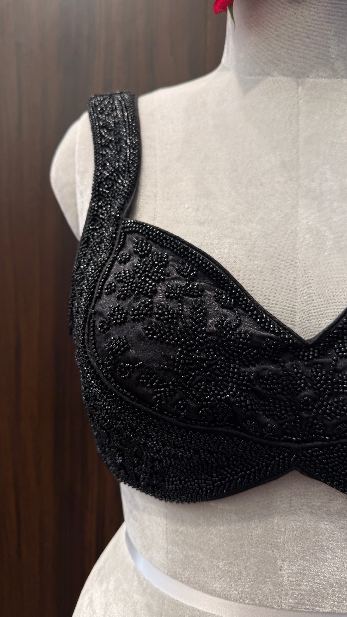 Black Hand-Embroidered Sweetheart Neck Blouse with Tie-Up Back | Designer Blouse