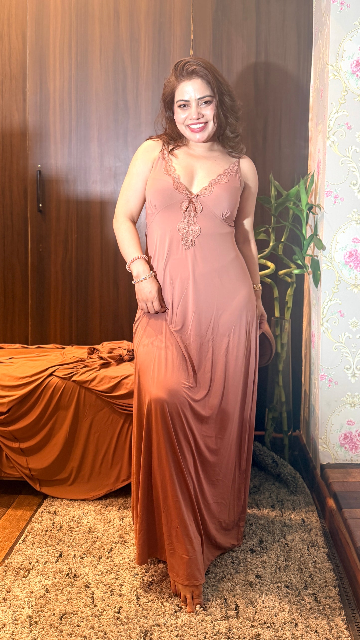 Bling by Anjali – Mocha Luxe Satin Nighty with Robe Set