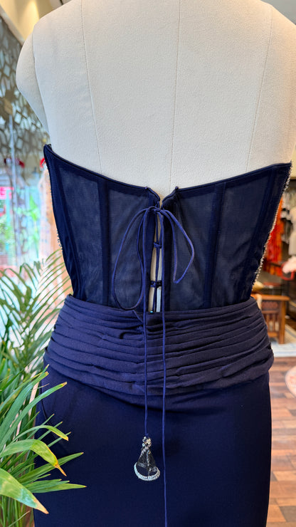 Midnight Navy Embellished Corset with Draped Skirt Set