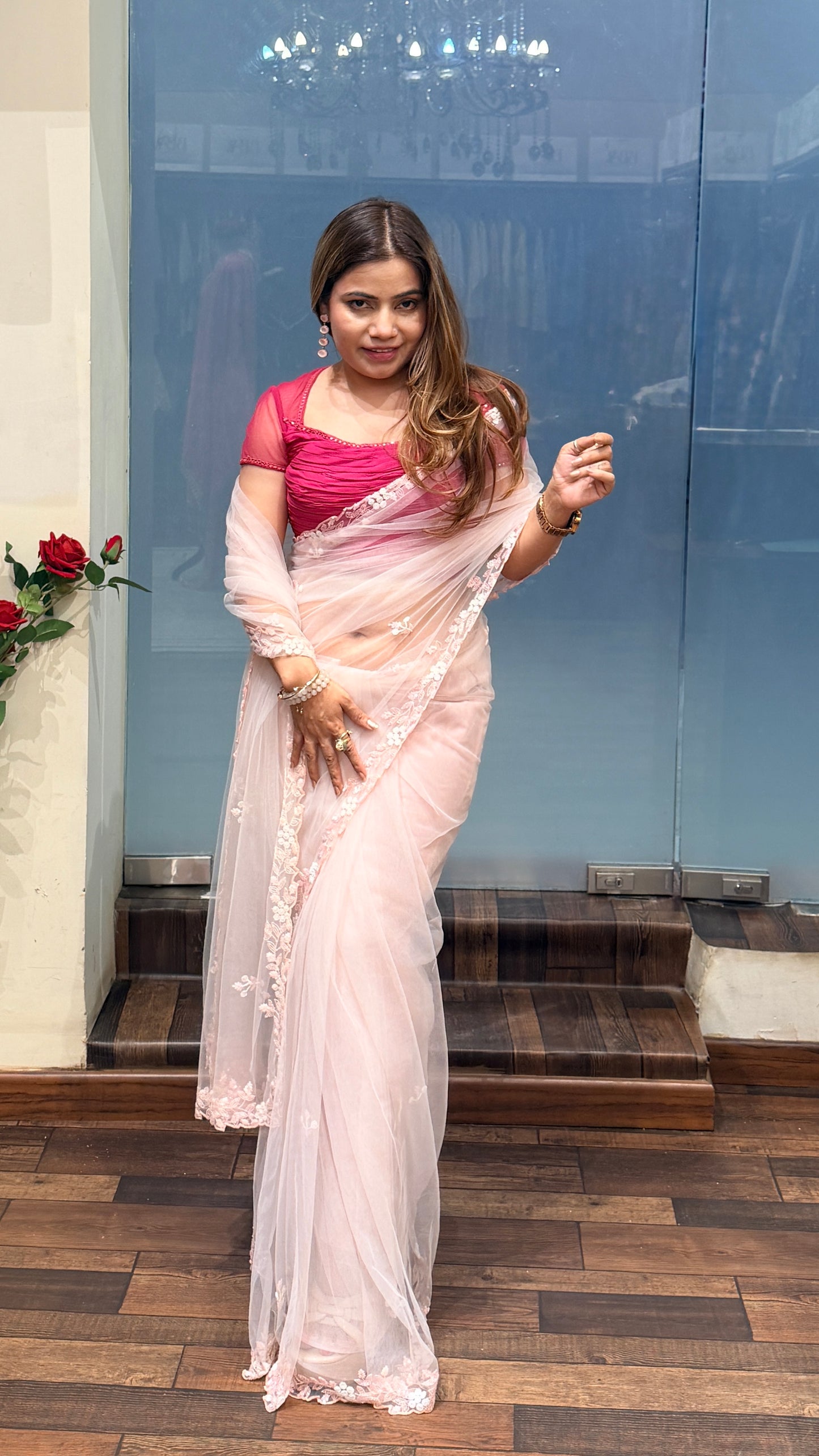 Soft Pink Net Saree with Floral Embroidery & Designer Blouse