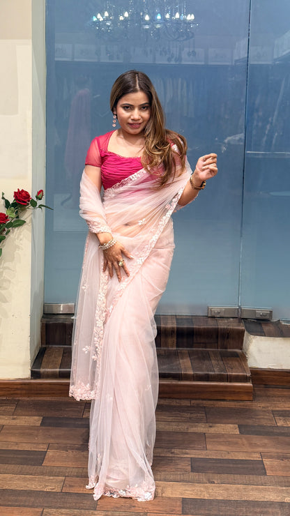 Soft Pink Net Saree with Floral Embroidery & Designer Blouse