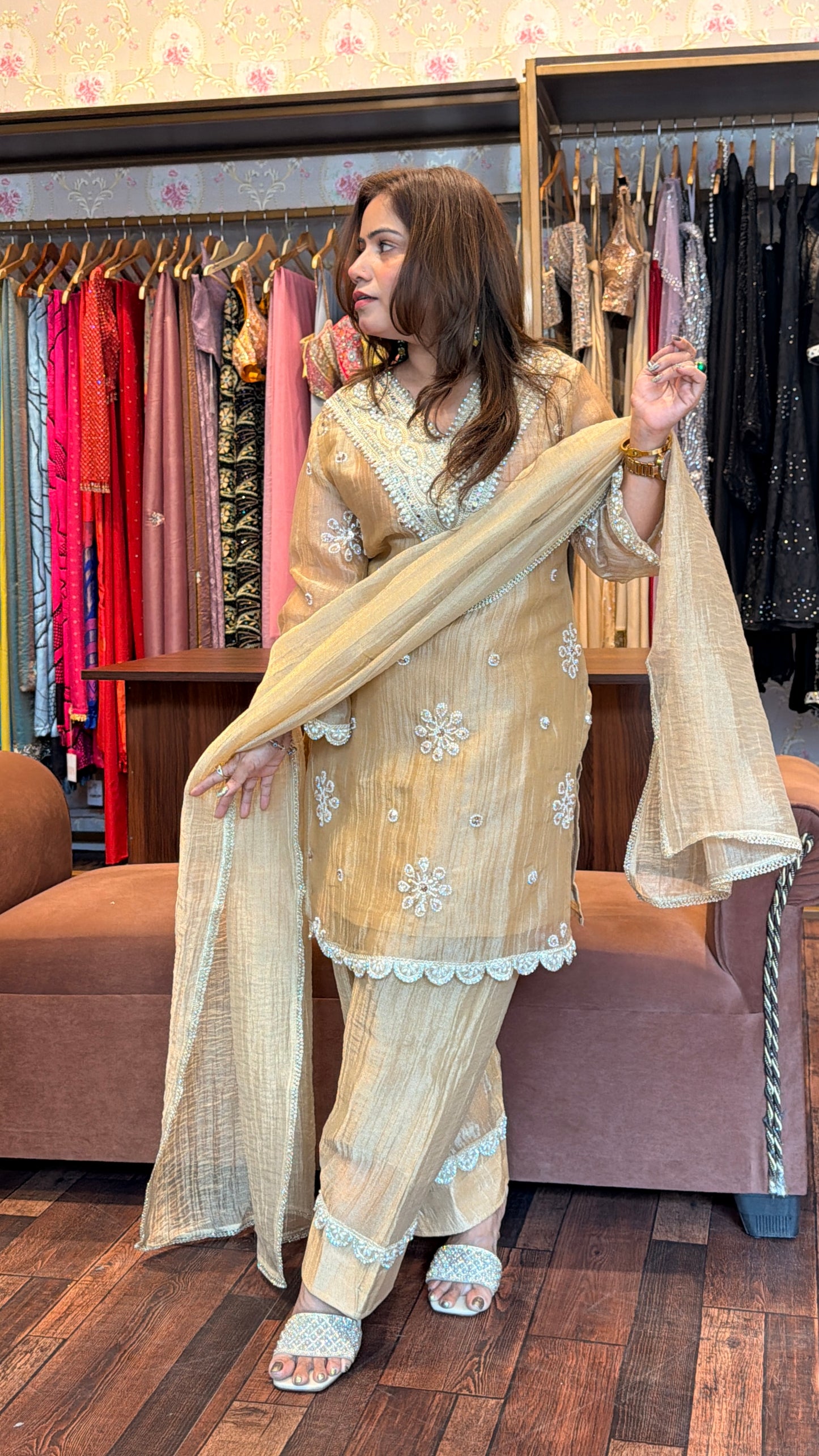 Champagne Crinkle Tissue Farsi Salwar Set