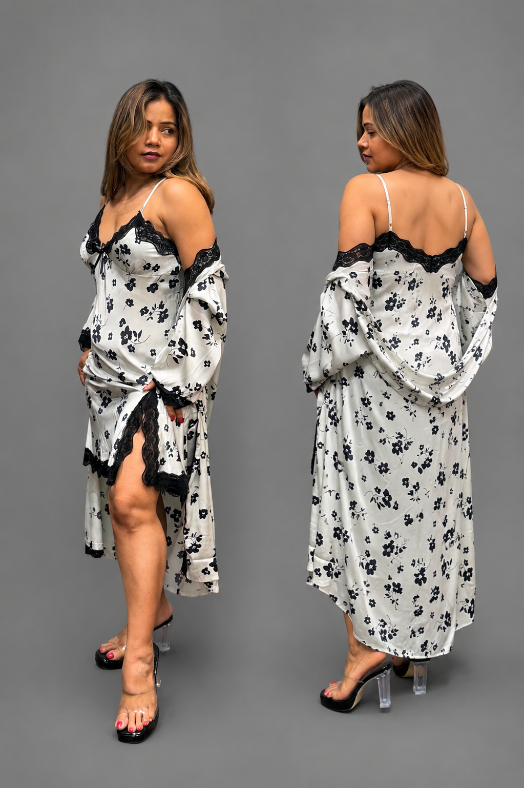 Ivory & Black Floral Satin Nightdress with Lace Robe – Elegant 3-Piece Sleepwear Set