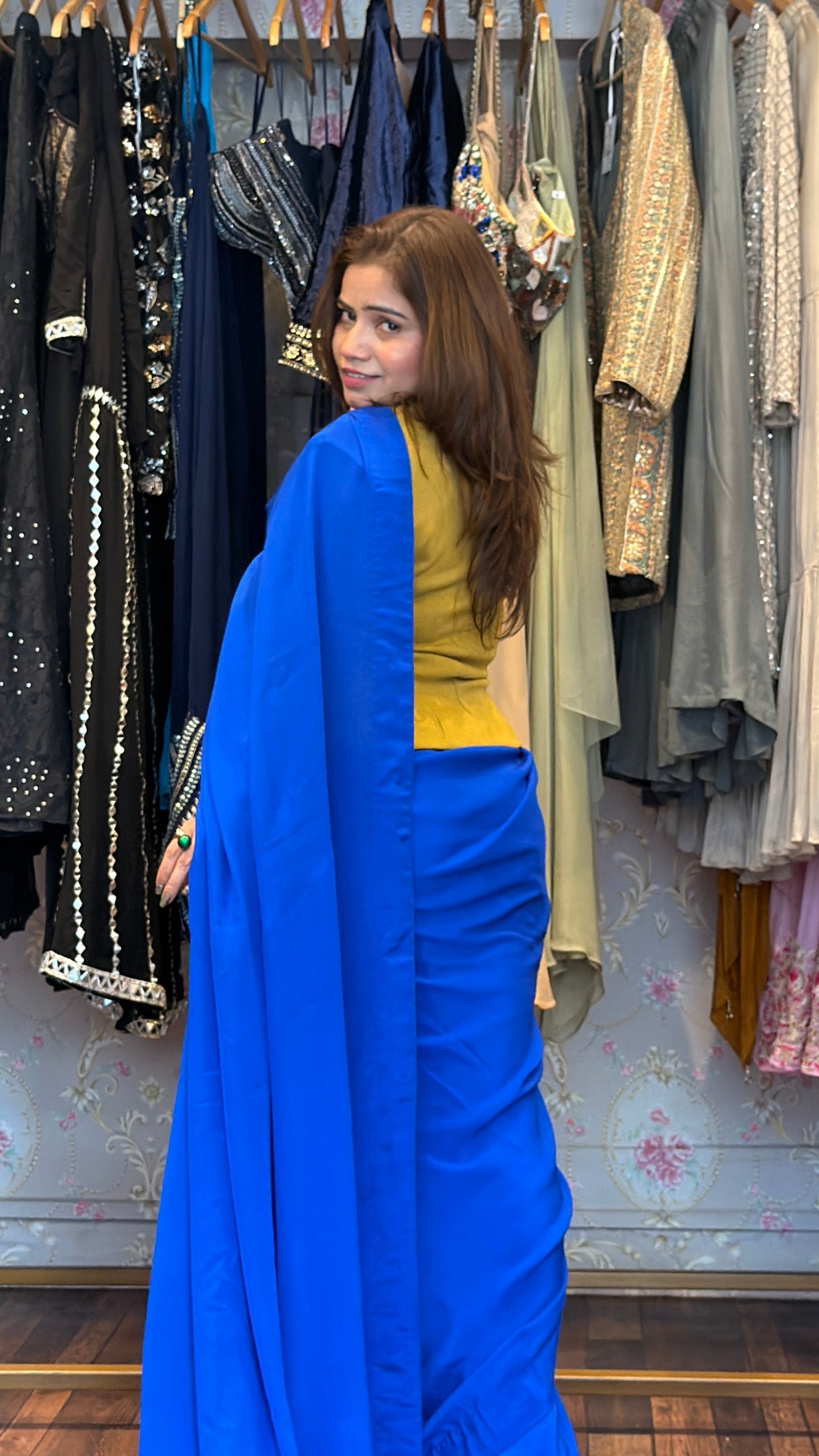 Cobalt Blue Draped Saree with Mustard Sculpted Waistcoat