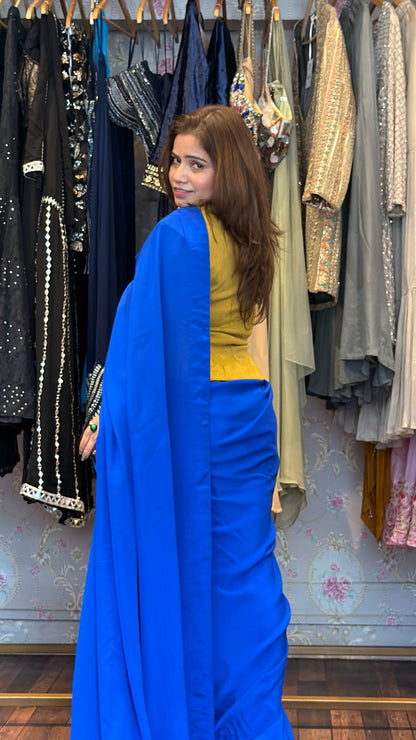 Cobalt Blue Draped Saree with Mustard Sculpted Waistcoat