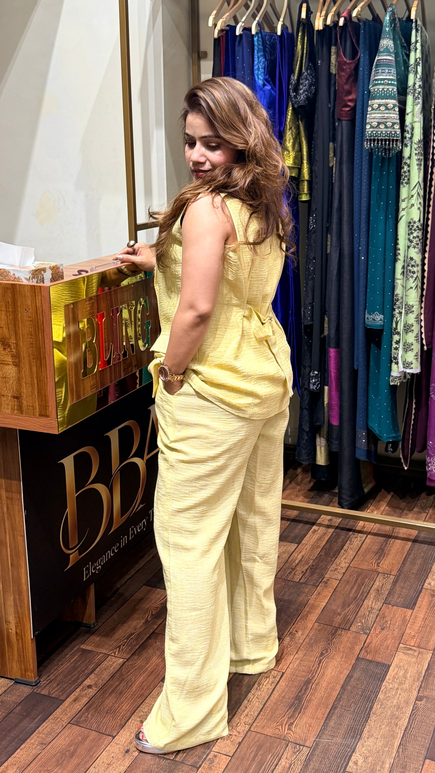 Pastel Yellow Scotch Co-ord Set for Women | Designer Indo-Western Outfit Delhi