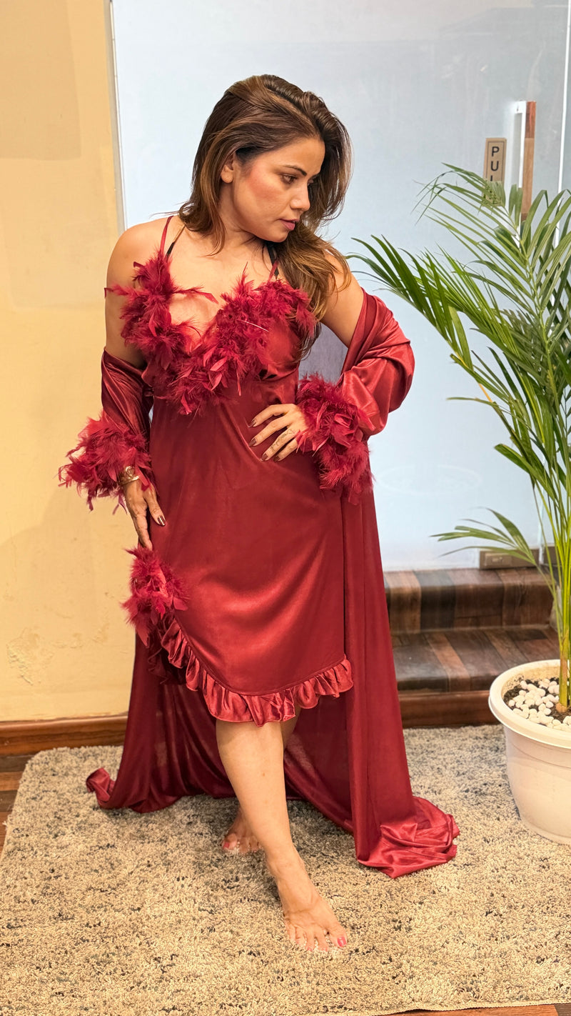 Deep Red Feather Trim Satin Dress with Statement Cape