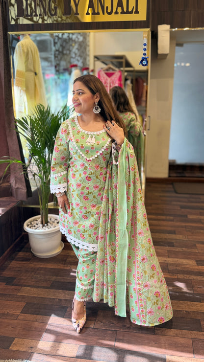 Mint Green Floral Printed Kurta Set with Lace Detailing & Dupatta