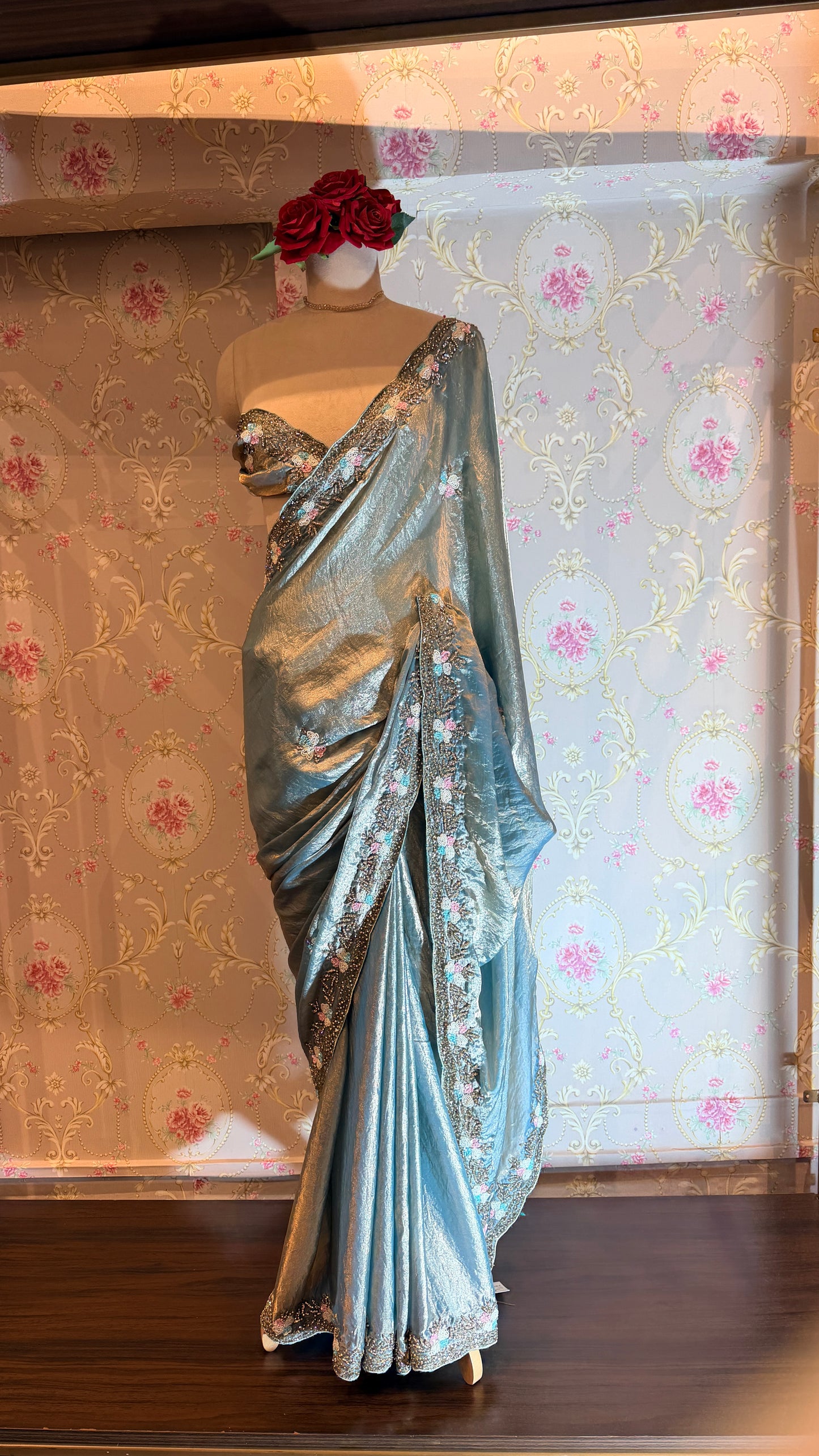 Steel Blue Tissue Silk Saree with Hand-Embroidered Floral Border