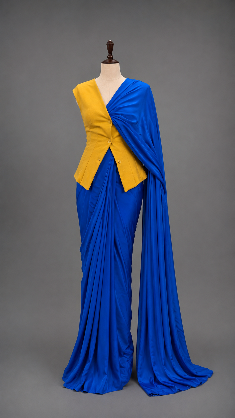 Cobalt Blue Draped Saree with Mustard Sculpted Waistcoat