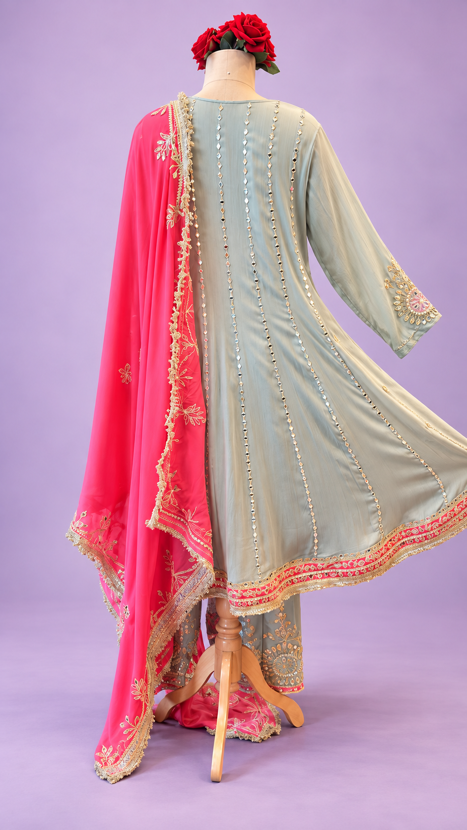 Sage Blue & Coral Pink Embroidered Festive Suit Set