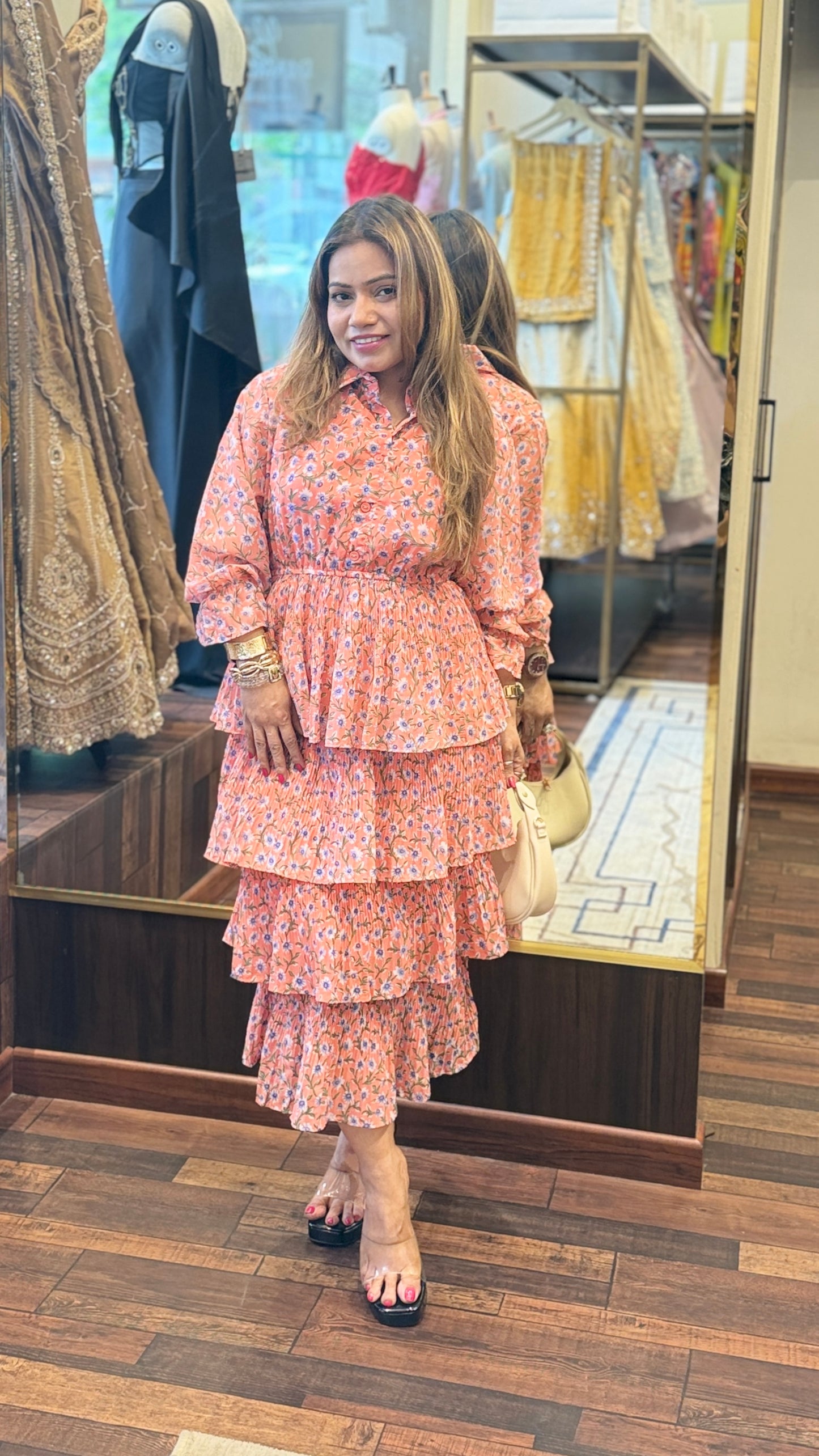 Romantic Layered Floral Midi Dress with Shirt Collar