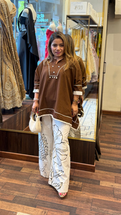 Brown Cotton Kaftan Co-ord Set with Printed Palazzo – Effortless Chic Wear