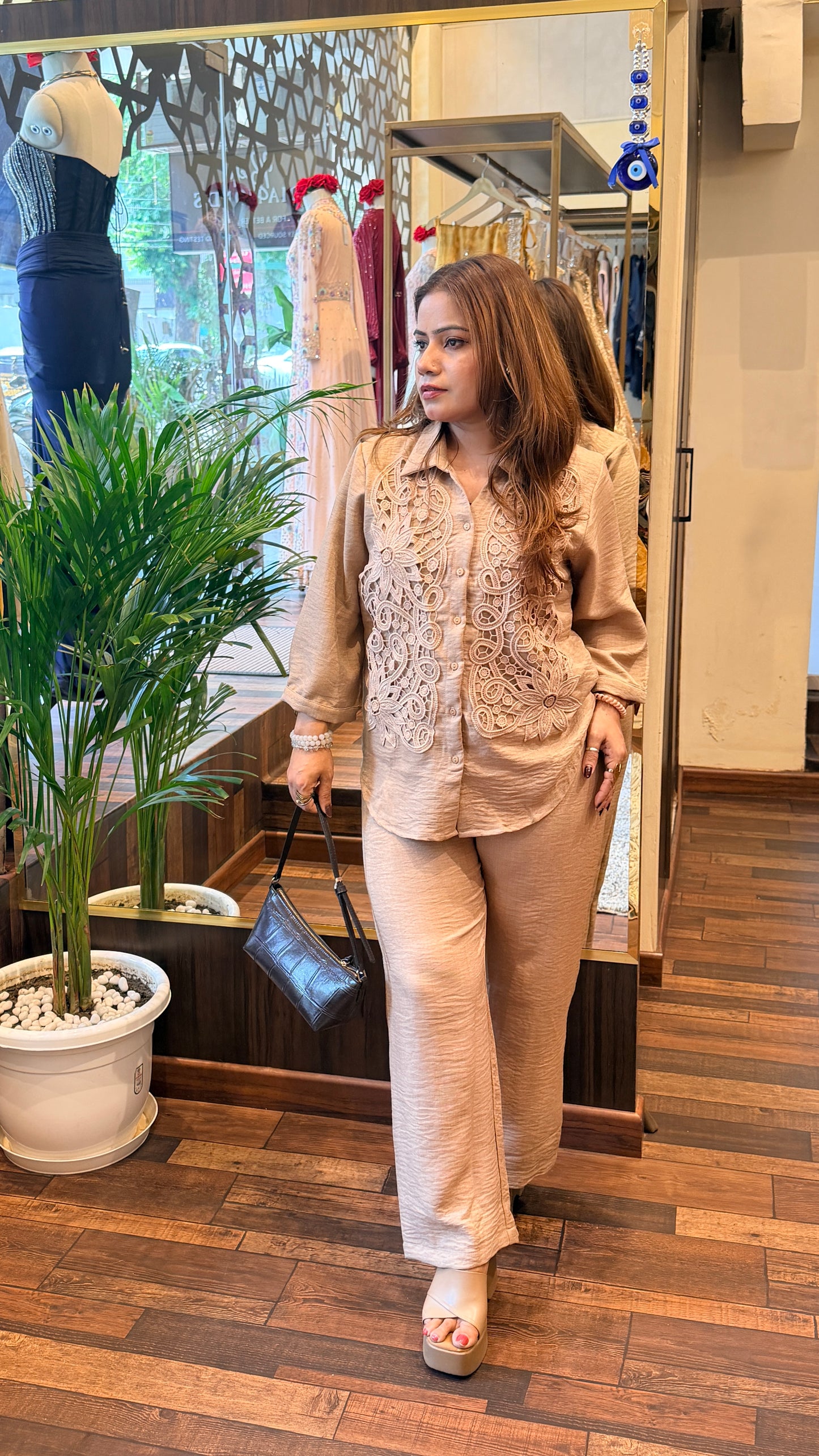 Beige Linen Co-Ord Set with Lace Embroidered Shirt