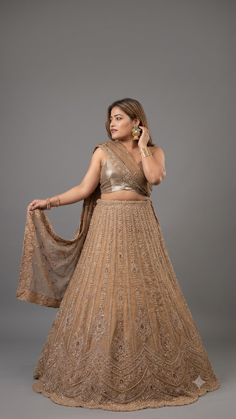 TIMELESS GOLDEN LIGHT MUGHAL EMBROIDERED LEHENGA WITH DUPATTA & UNSTITCHED BLOUSE PIECE