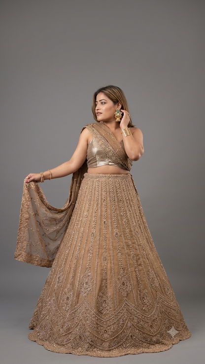 TIMELESS GOLDEN LIGHT MUGHAL EMBROIDERED LEHENGA WITH DUPATTA & UNSTITCHED BLOUSE PIECE