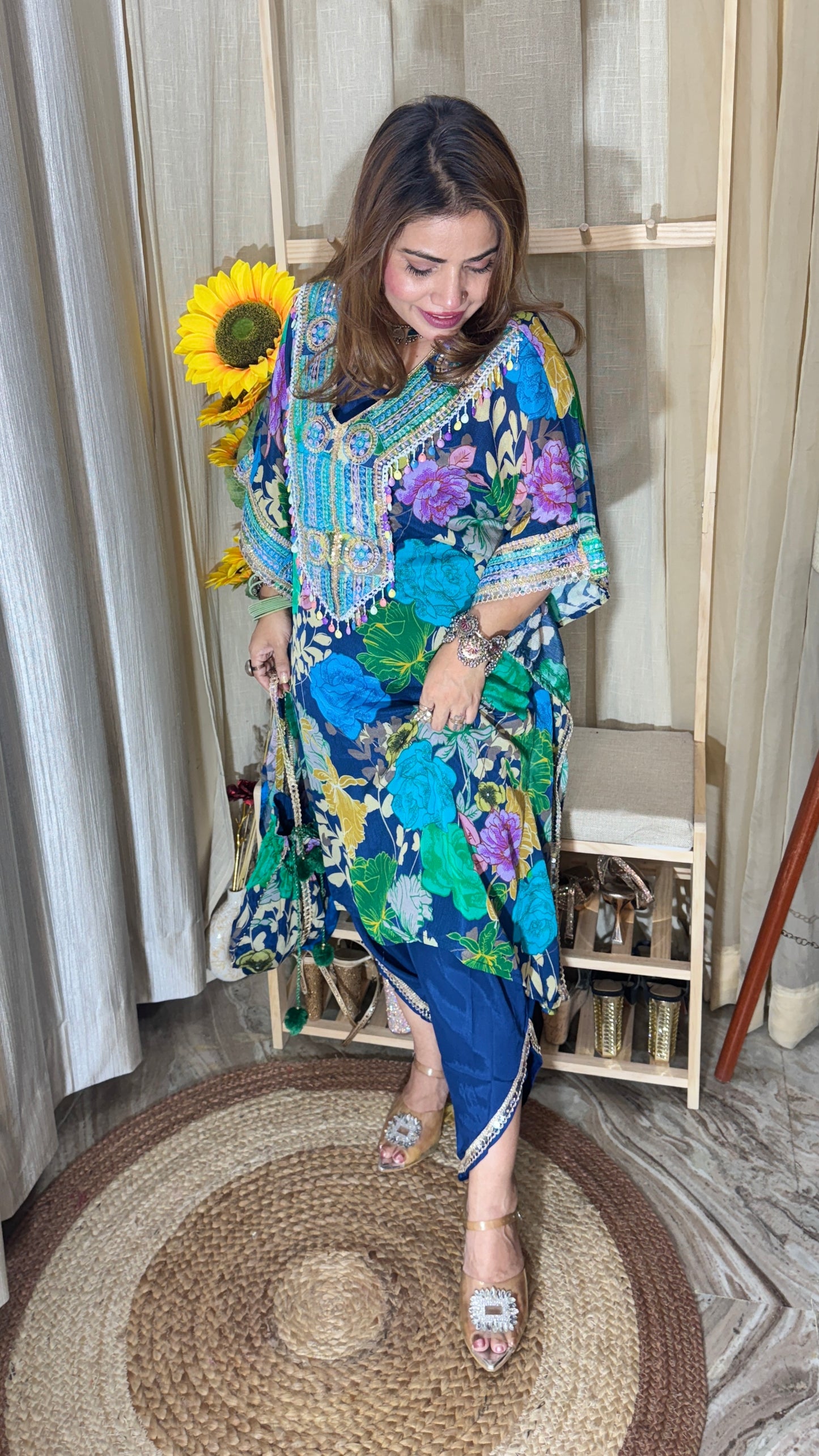 Embellished Floral Kaftan Set with Pants & Potli Bag