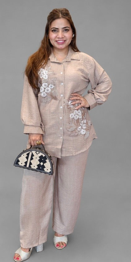 Linen Embroidered Co-Ord Set for Women | Premium Shirt & Pant Set | Bling by Anjali