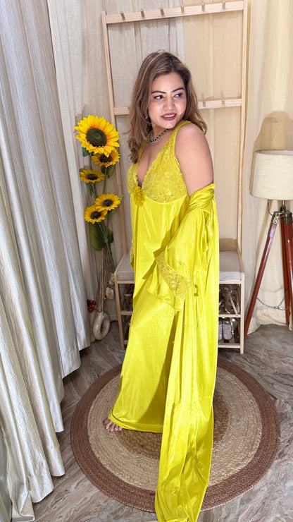 3pc Luxury Satin Lace Nighty with Robe – Sunshine Yellow