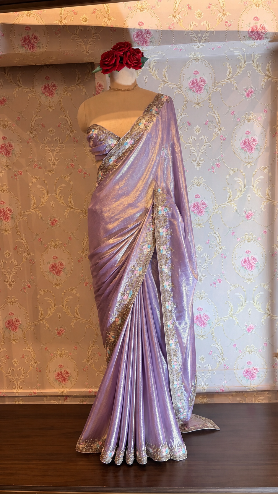 Tissue Silk Saree with Hand-Embroidered