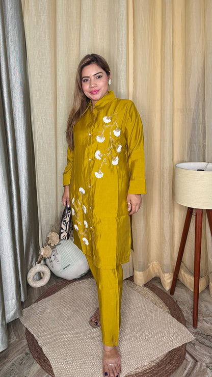 Rich mustard yellow 
Embroidered Kurta cord Set