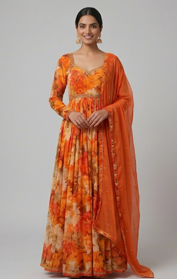 2PC Orange Floral Anarkali Suit Set with Embellished Dupatta