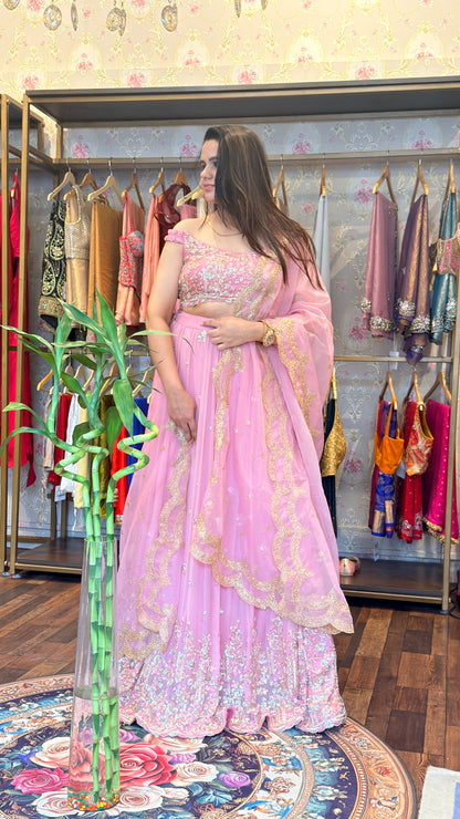 Blush Pink Hand-Embroidered Lehenga Set with Scalloped Dupatta