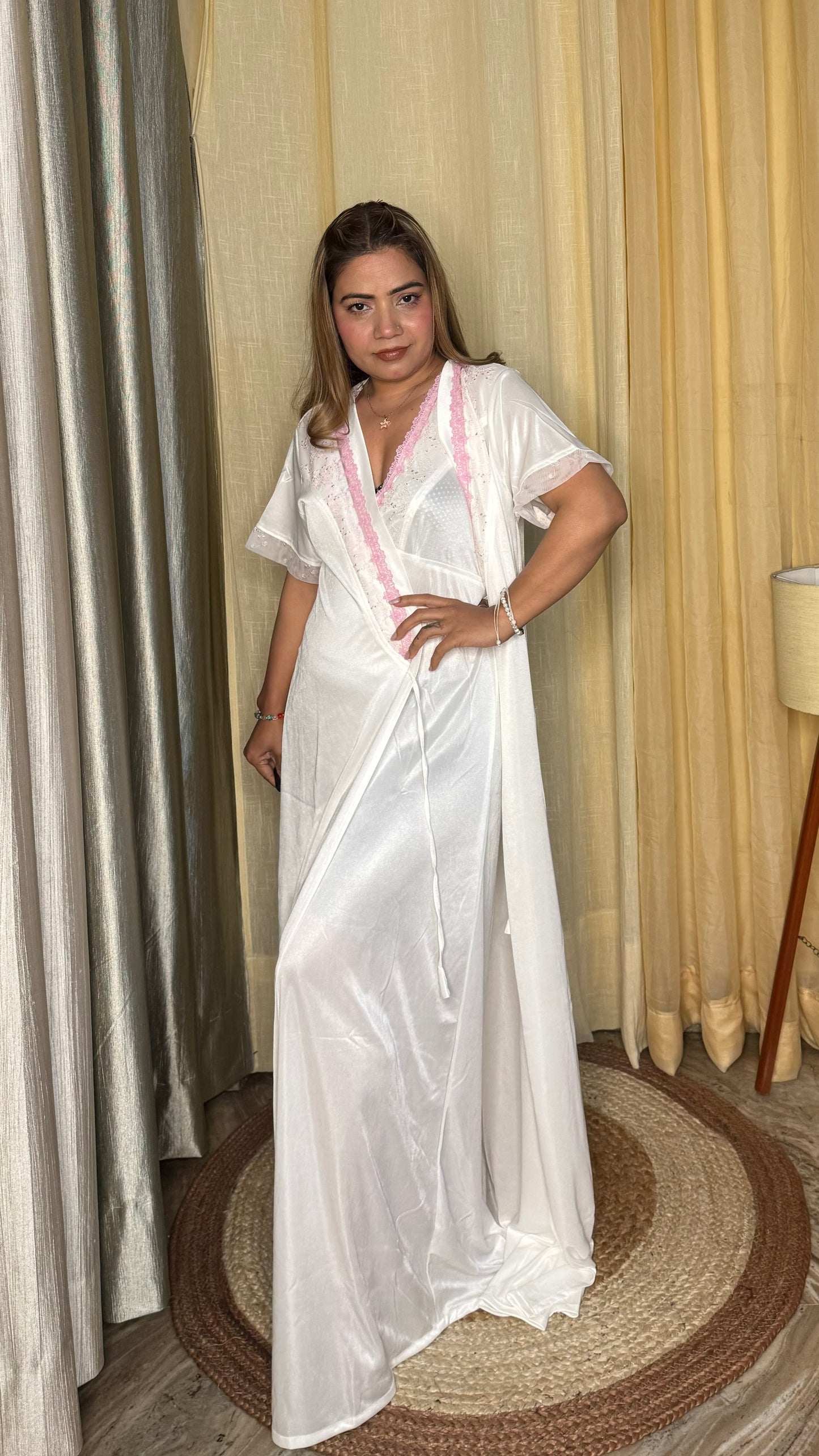 luxurious white satin nighty 2pc set
