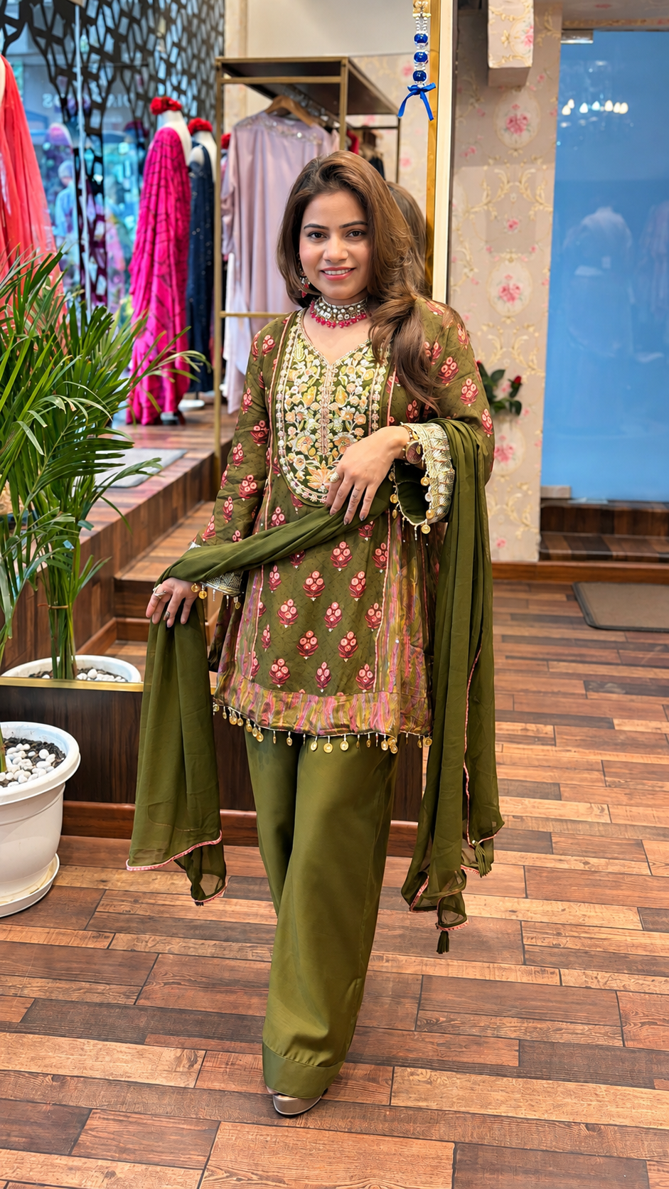 Olive Green Embroidered Crepe Jhoika Set