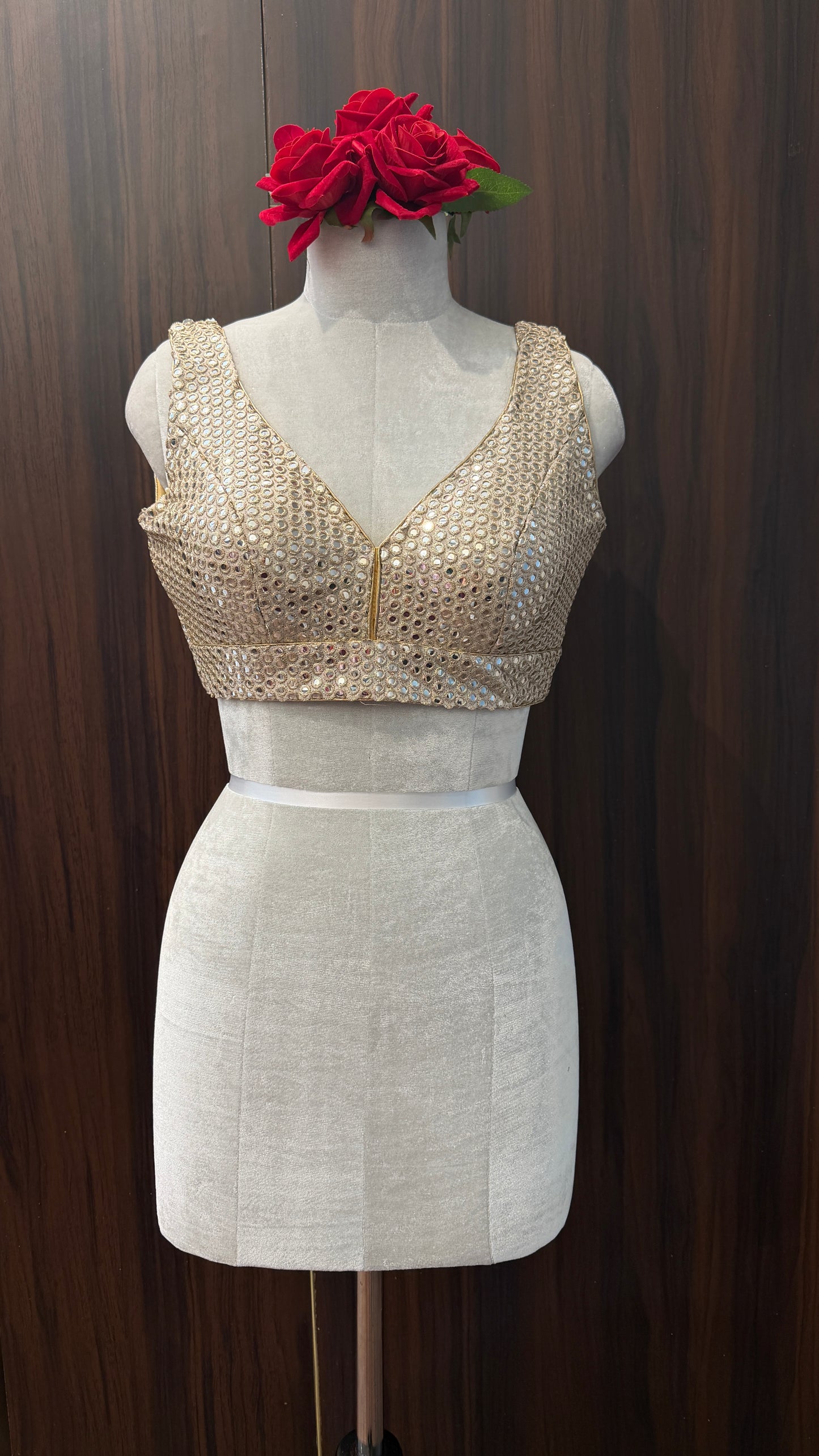 Handcrafted Gold Mirror-Work Blouse - V-Neck Ethnic Crop Top for Lehengas & Sarees