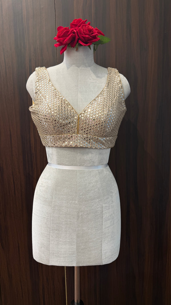 Handcrafted Gold Mirror-Work Blouse - V-Neck Ethnic Crop Top for Lehengas & Sarees