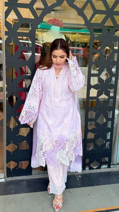 Blush Pink Chikankari Kurta Set with Lace Detail | Luxury Summer Ethnic Wear | Defence Colony Designer