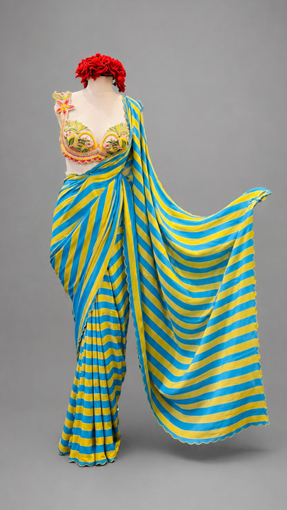Blue & Yellow Striped Pure Crepe Saree