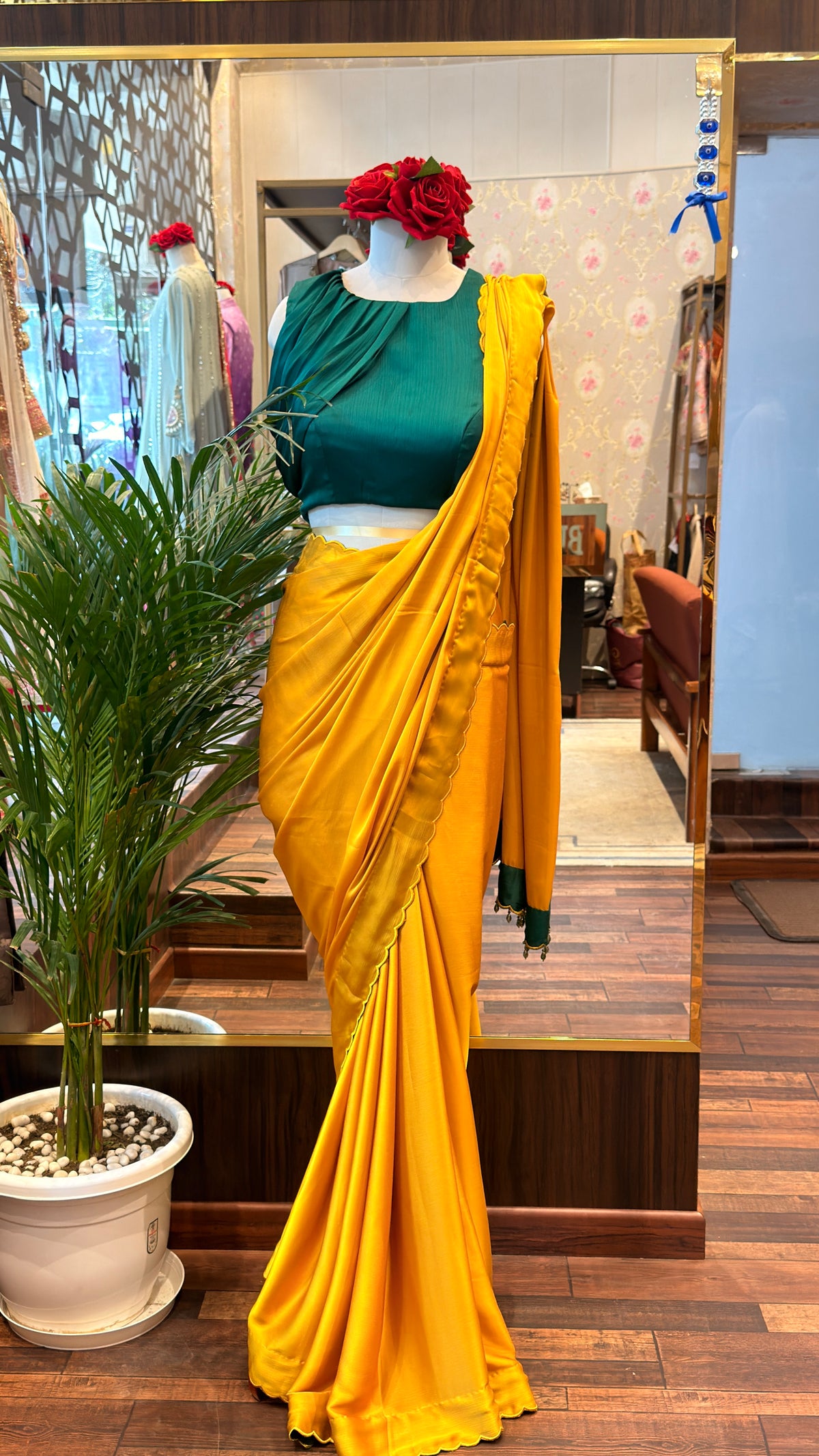 Mustard Chiffon Satin Saree with Green stylist Blouse