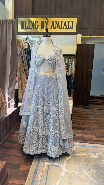 Ice Blue Hand Embroidered Lehenga Set with Dupatta | Luxury Bridal & Engagement Wear | Bling by Anjali