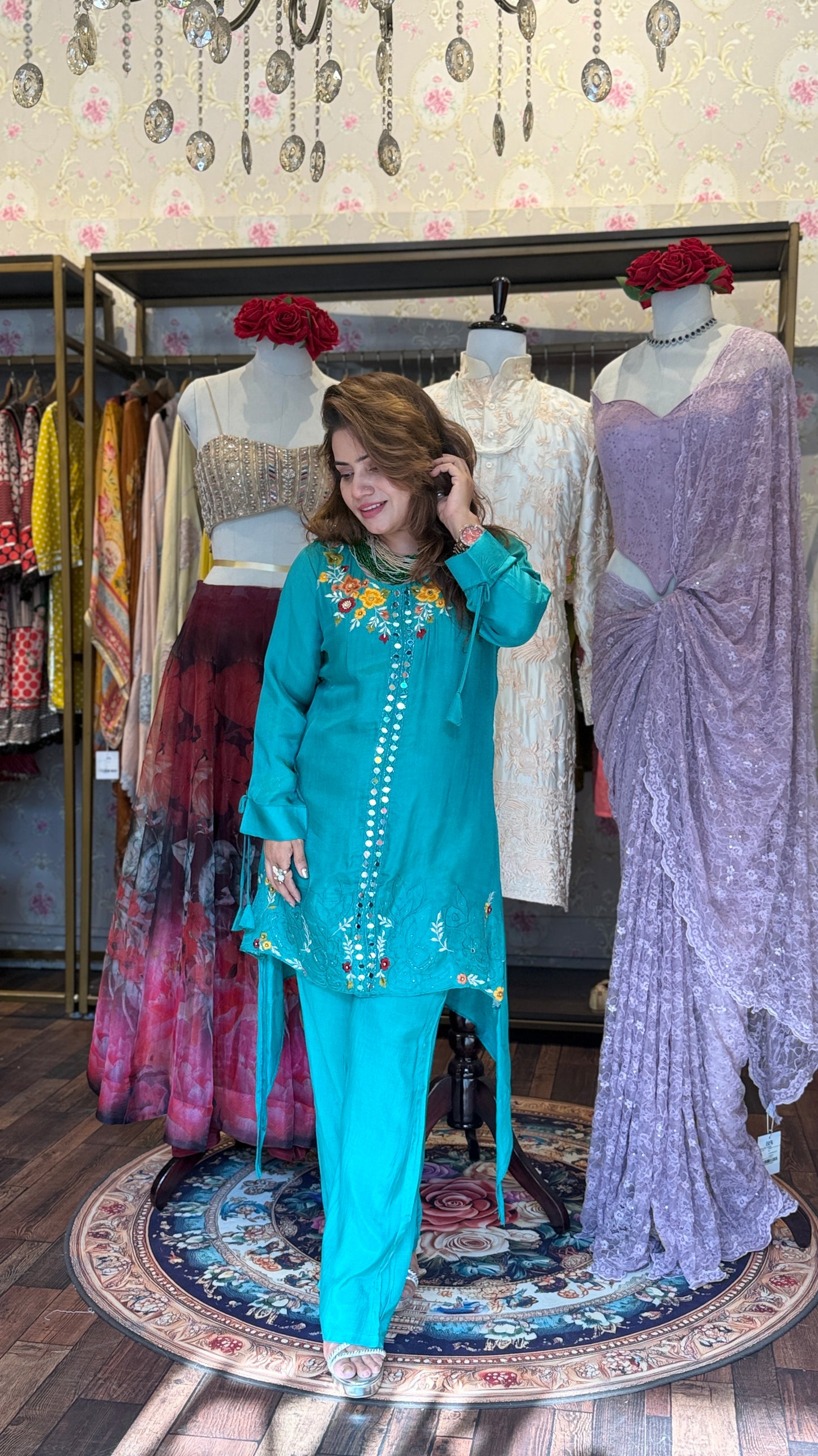 Teal Blue Floral Embroidered Kurta Set with Straight Pants | Premium Festive Ethnic Wear for Women