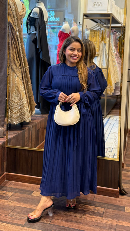 Navy Blue Pleated Midi Dress with Waist Tie – Elegant Flowy Party Wear