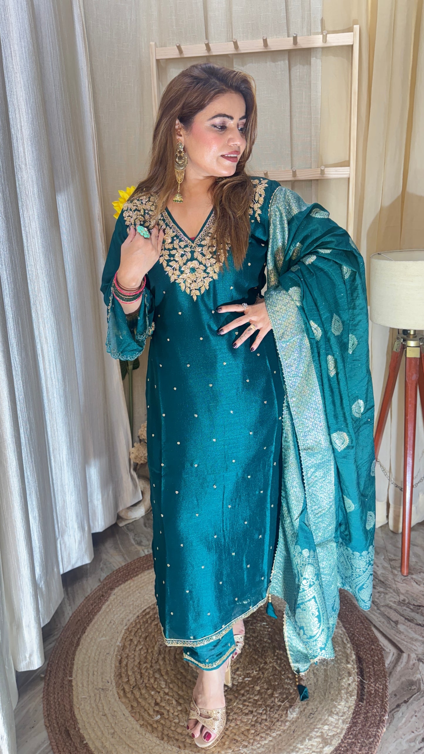 Emerald Green Embroidered Suit with Banarasi Dupatta