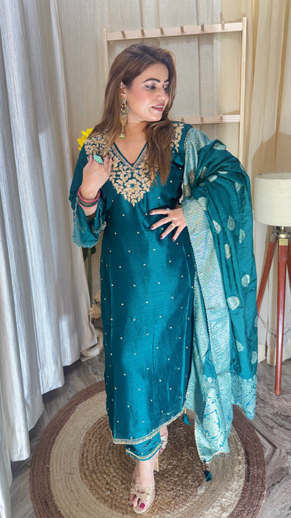 Emerald Green Embroidered Suit with Banarasi Dupatta