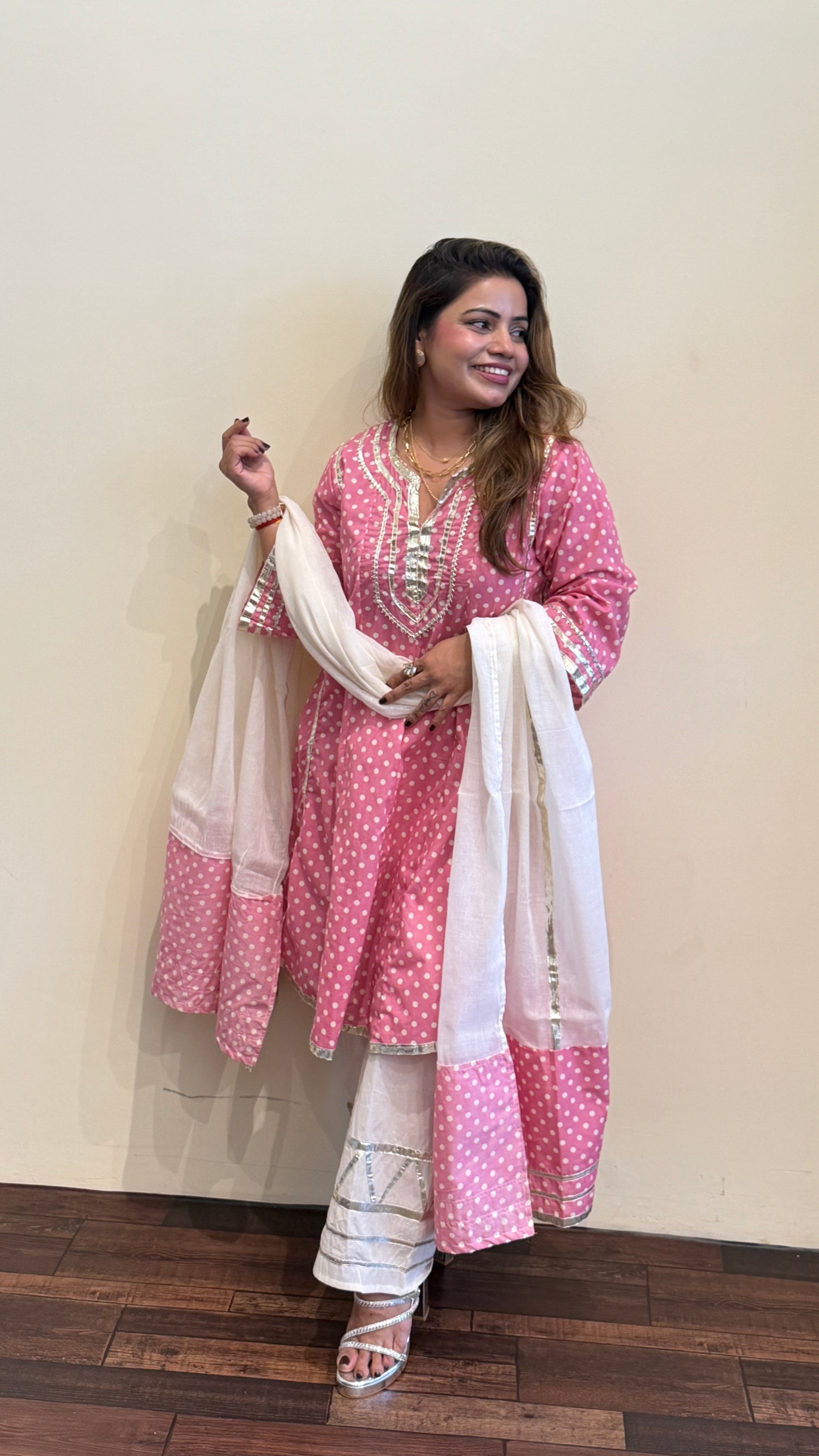 Sunshine Yellow And pink Polka Dot Kurta Set with Dupatta