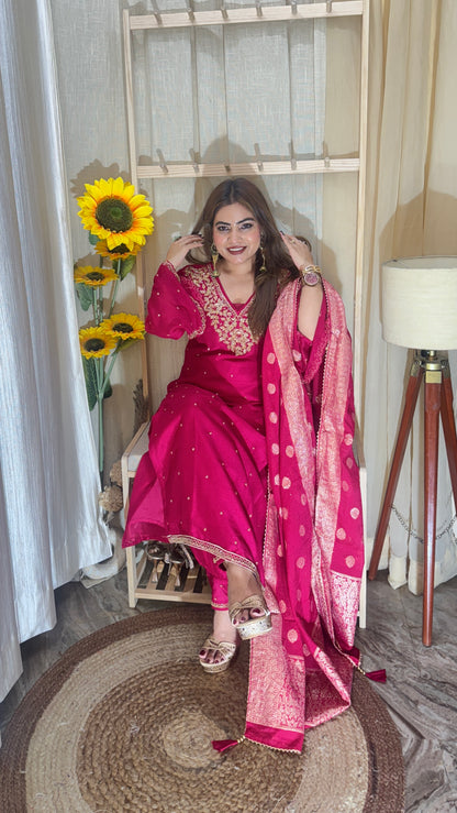Pink Embroidered Silk Suit Set with Banarasi Dupatta