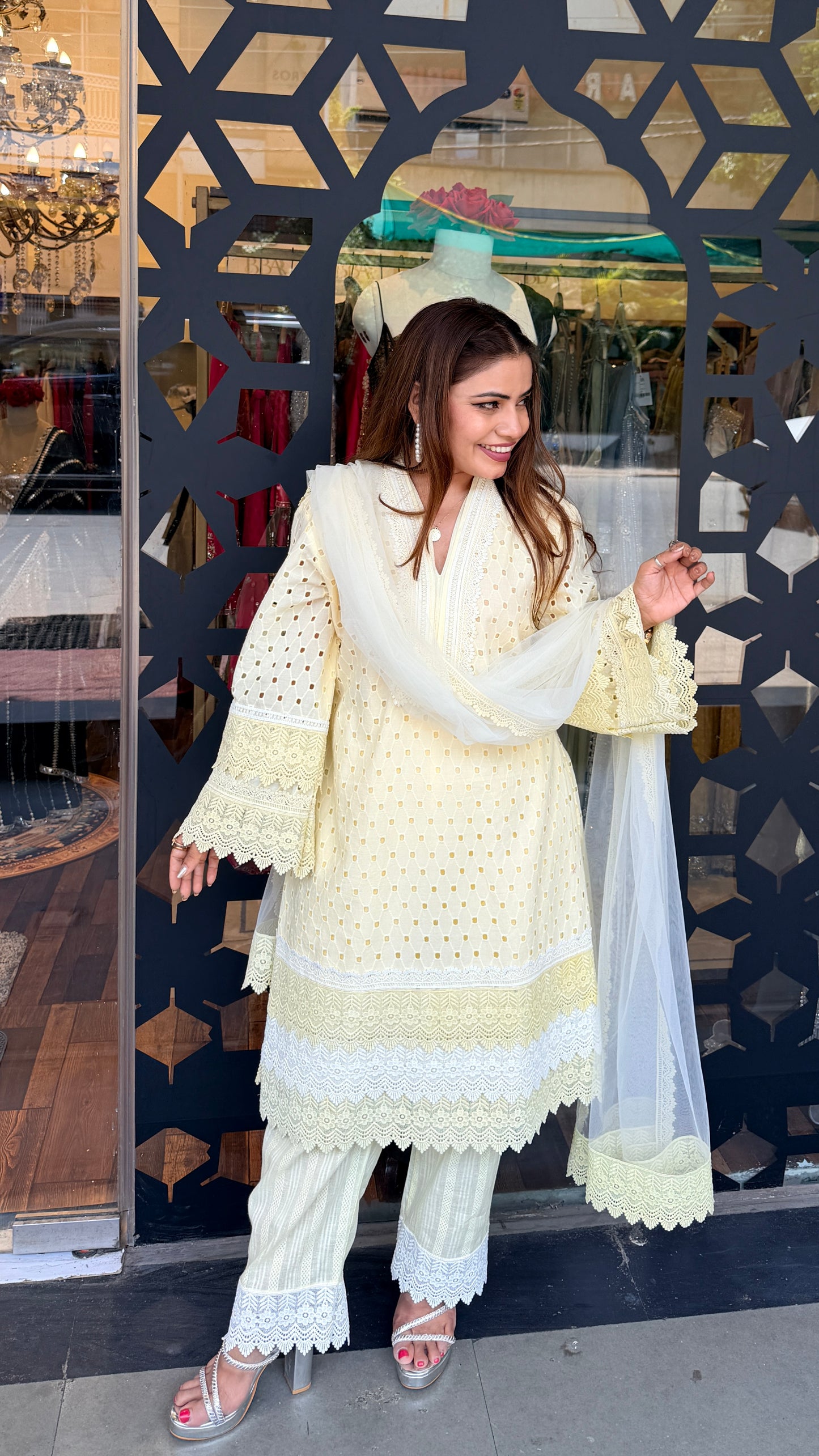 Butter Yellow Chikankari Kurta Set with Lace & Dupatta | Luxury Summer Ethnic Wear | Defence Colony Designer