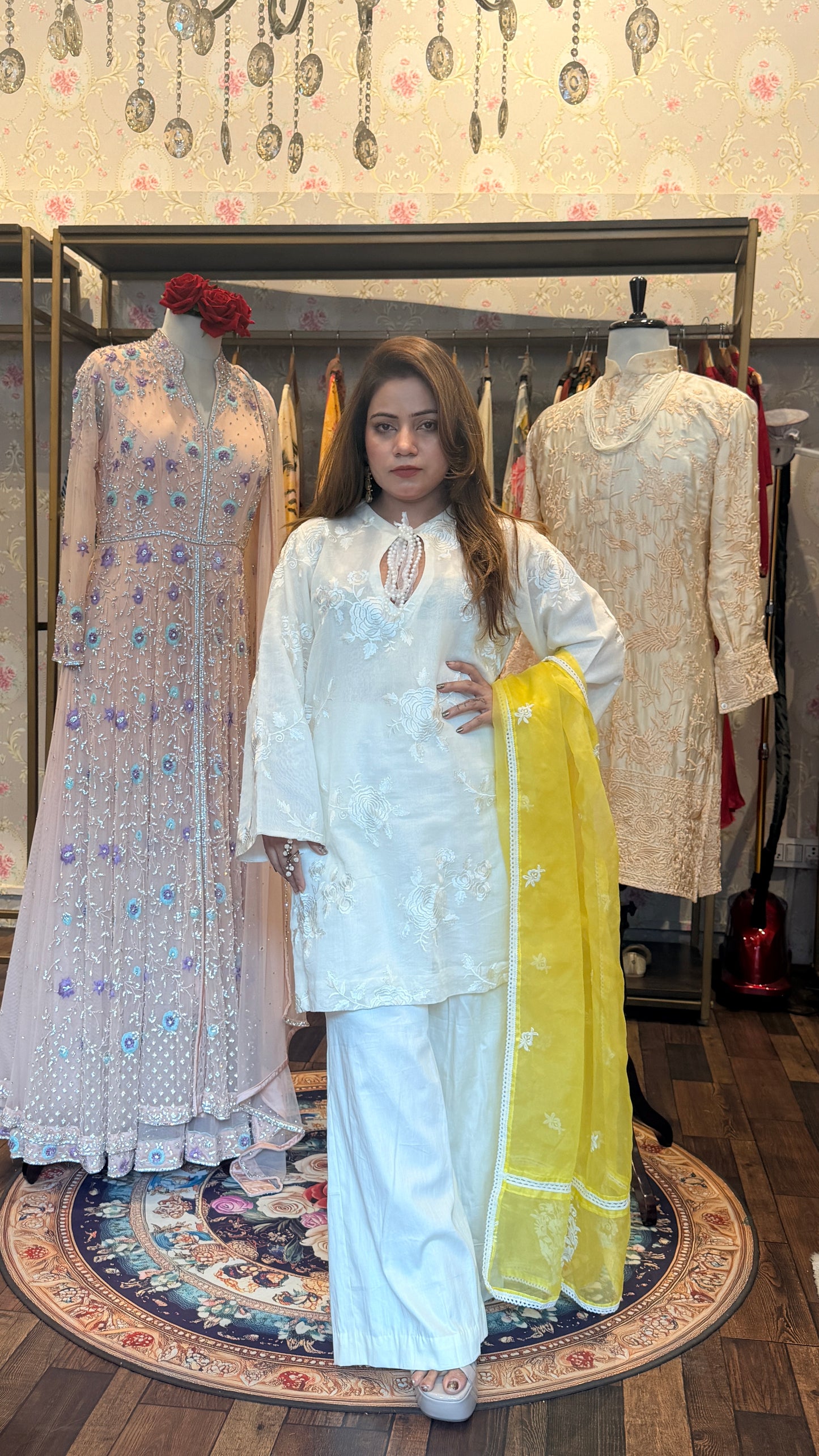 White Embroidered Kurta Sharara Set with Yellow Organza Dupatta – 3 Piece Set