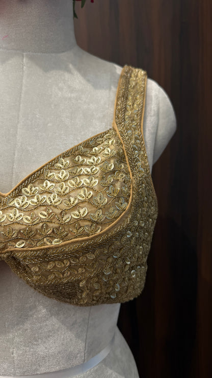 Antique Gold Sequin-Embroidered Bralette Blouse - Designer Sweetheart Neckline for Wedding Wear