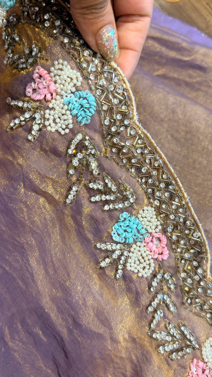 Lavender Tissue Silk Saree with Hand-Embroidered Floral Border