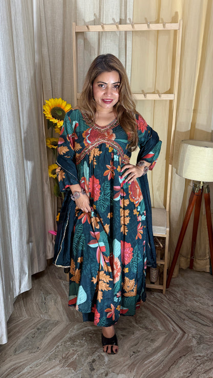 Elegant Floral Printed Anarkali Kurta Set with Dupatta